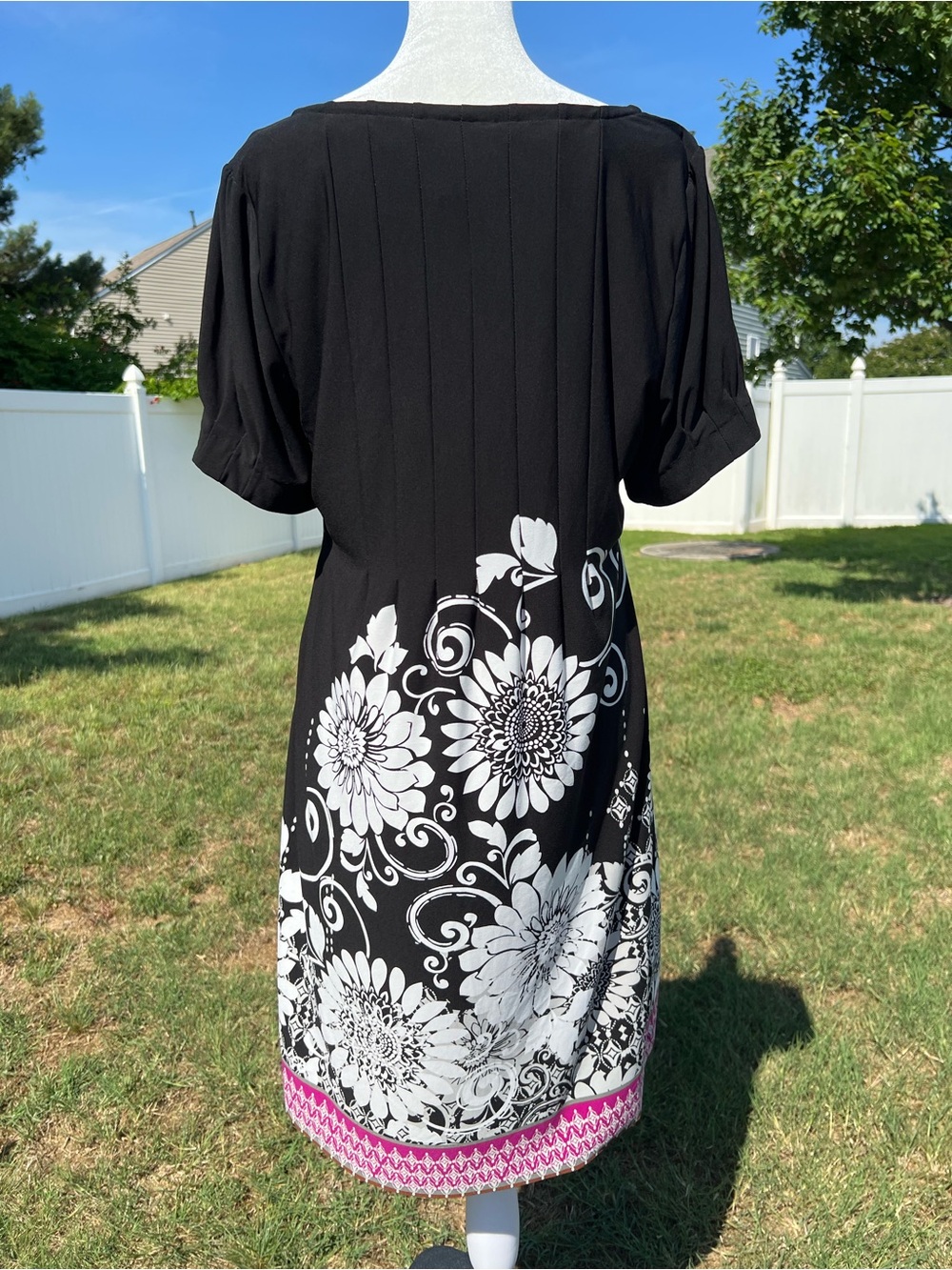 Ice Black Midi Dress with White Floral Print & Pink Border Square Neckline Sz 14 - Picture 1 of 14